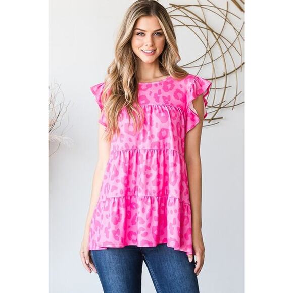 Heimish Tiered Leopard Pattern Ruffled Cap Sleeves Round Neck Blouse | Fuchsia - Picture 7 of 10